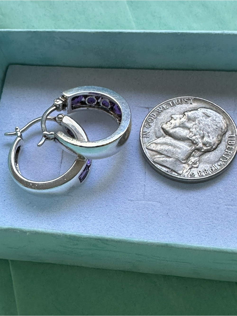 Vintage Ross simons Sterling Silver Amethyst Hoop Earrings - Picture 5 of 9